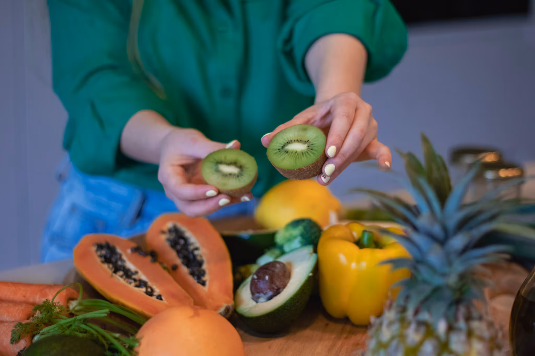 A close-up photo of cutting vegetables and fruit